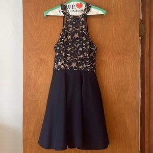 B Darlin navy blue high neck fit and flare lace dress